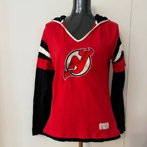 NHL NJ Devils Red and Black Women's Hooded long sleeve v neck tee shirt L